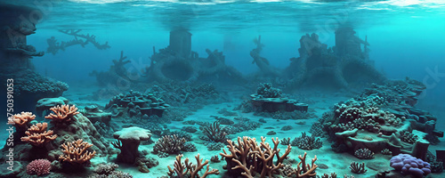 An underwater kingdom with coral reefs . AI Generated