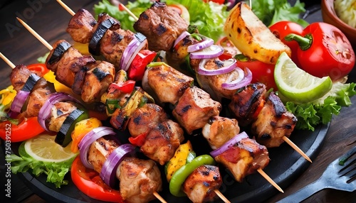 BBQ chicken shish kebab skewers, Shashlik with onion and spices. Black background. Top view.