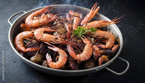 BBQ roasted Giant shrimps Langoustine on grill with herbs. Isolated on white background. photo