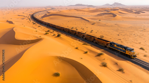 Iron Ore Transport: Aerial Shot of Freight Train Crossing Mauritanian Desert to Nouadhibou