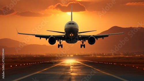 Scenic view of passenger and cargo planes taking off at sunset from airport runway