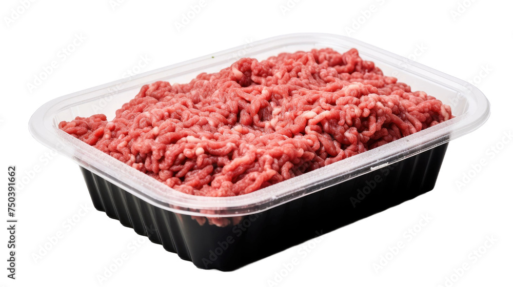 Raw minced meat in a black plastic tray container isolated on transparent a white background Raw minced meat in a black plastic tray container isolated on transparent a white background