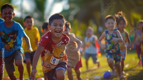 Festa Junina fun. Children's laughter fills the air at traditional Brazilian games.