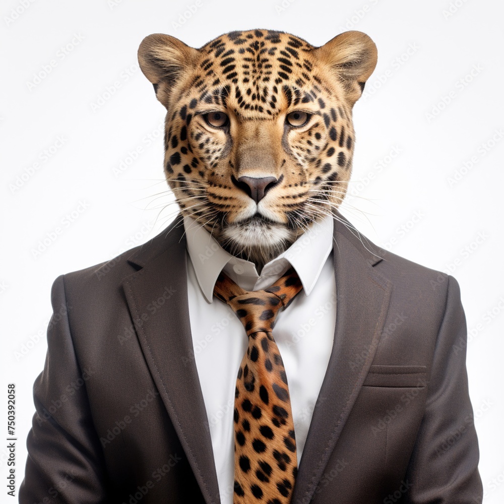 Leopard commanding attention in a sharp business suit, merging the regal beauty of the animal kingdom with the refined elegance of corporate attire. Leopard commanding attention in a sharp business suit, merging the regal beauty of the animal kingdom with the refined elegance of corporate attire.