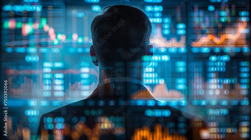 Businessman Analyzing Forex Chart on Virtual Screen Businessman Analyzing Forex Chart on Virtual Screen