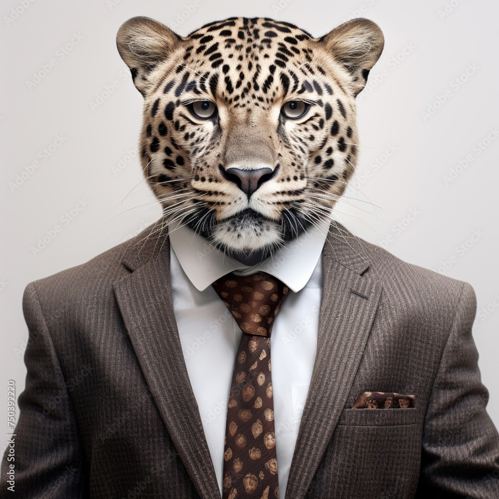 Leopard commanding attention in a sharp business suit, merging the regal beauty of the animal kingdom with the refined elegance of corporate attire. Leopard commanding attention in a sharp business suit, merging the regal beauty of the animal kingdom with the refined elegance of corporate attire.