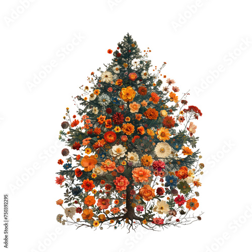 pine tree made of flowers water painting isolated on transparent background photo