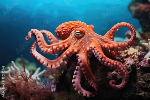 An octopus exploring a sunken pirate ship. Treasure Hunt, Octopus, Treasure, and Deep-Sea Diver Ai generated © Tanu