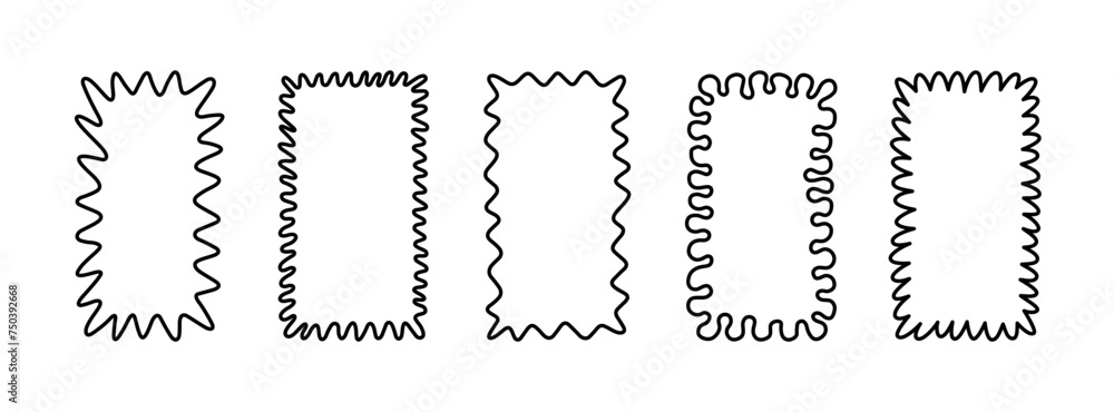 Scalloped wavy doodle line frame. Hand drawn wave rectangle border. Funky text box background. Pop vintage groovy frame. Vector illustration. Doodle vector illustration isolated on white background. - obrazy, fototapety, plakaty 