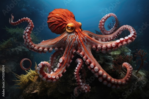 An octopus exploring a sunken pirate ship. Treasure Hunt, Octopus, Treasure, and Deep-Sea Diver Ai generated
