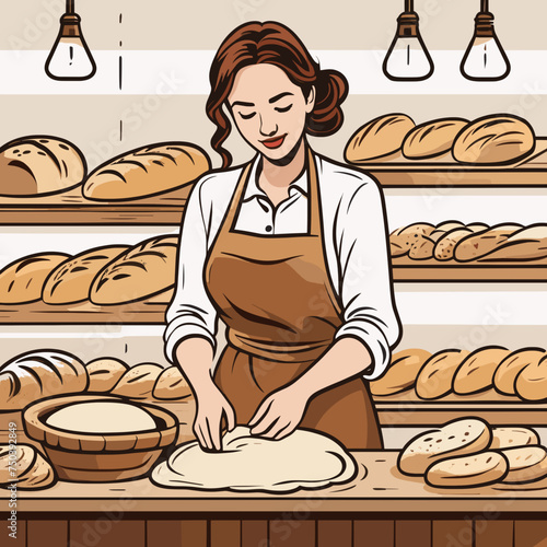 Woman kneading bread dough, vector illustration