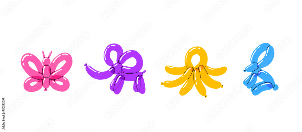 Various balloon animals collection. Festive set of inflatable rabbit, elephant, butterfly and octopus shapes. Birthday celebration party. Fancy abstract characters isolated vector