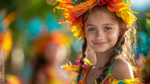 Cheerful Girl with Floral Wreath at Carnival