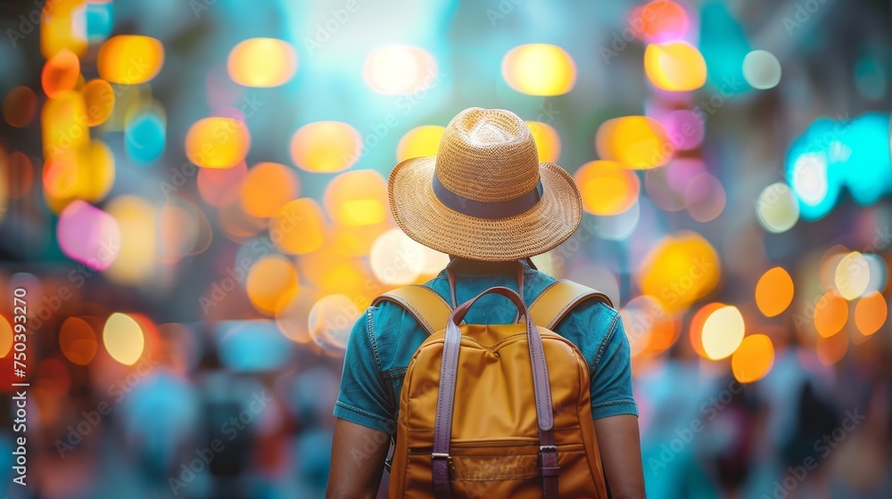 Fototapeta premium Asian woman traveler exploring city at night