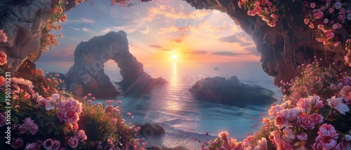 Natural Rock Arches in Ocean, Stone Arches Sunset View, Fantastic Coastline Landscape, Ocean Arches photo