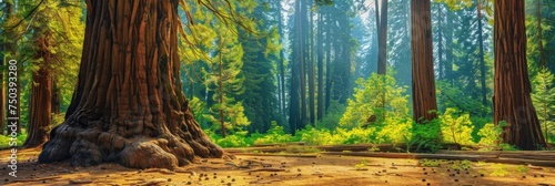Sequoia Tree, Giant Pine in Nature Forest, Redwood Park with Sequoia Tree, Copy Space photo