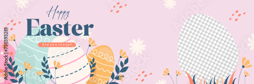 Happy Easter, Colorful eggs with flowers for banner, poster on transparent background, flat vector illustrations