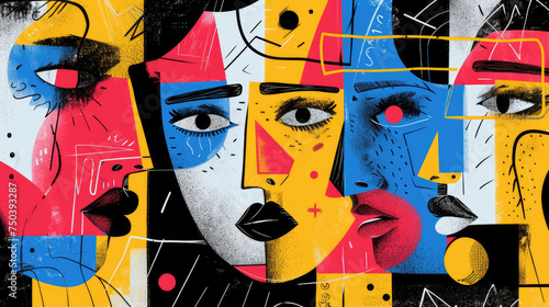 Abstract black and white cubist face with splashes of blue, cherry red, lime, pink and mustard, retro colors. Illustration for creative design