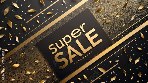 A super sale text with a modern twist, featuring scattered gold confetti on a textured golden background