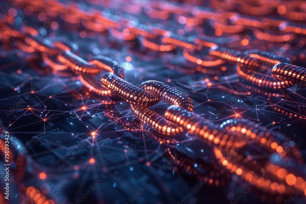 Digital representation of blockchain technology with interconnected blocks and chains in a network of glowing nodes. Digital representation of blockchain technology with interconnected blocks and chains in a network of glowing nodes.