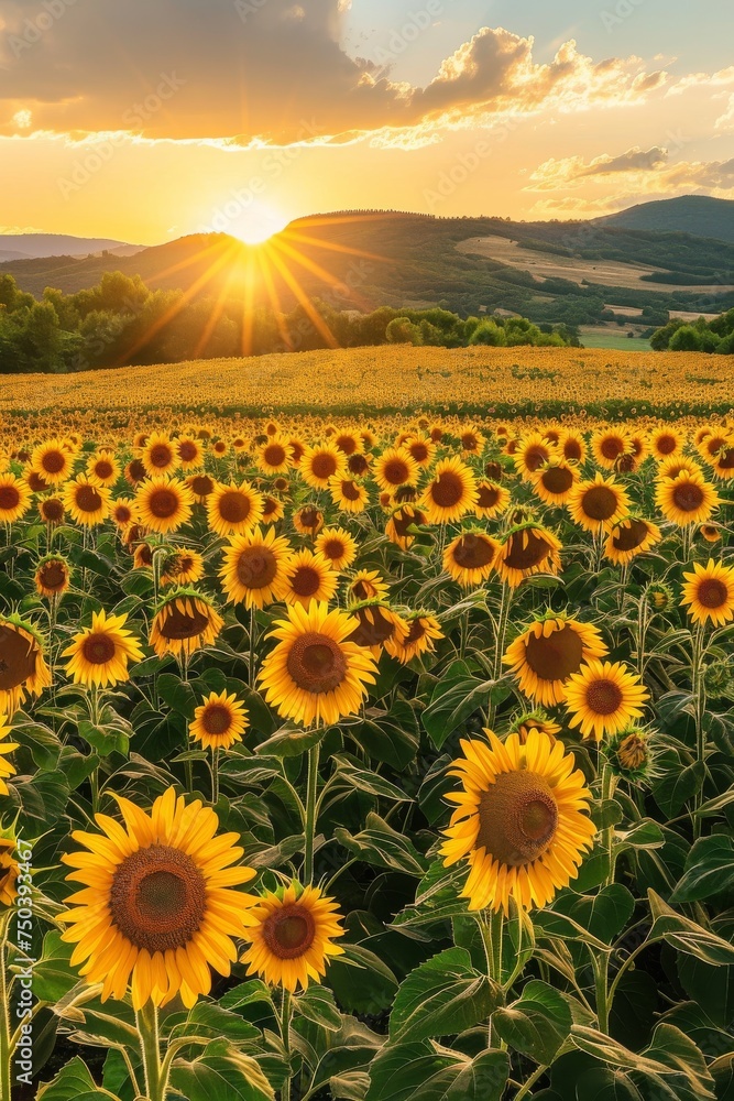 Fototapeta premium Sunflower Field Landscape, Panoramic Sun Flowers Farm, Sunflowers Wow Landscape