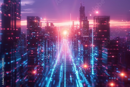 A digital cityscape bathed in sunrise hues with futuristic buildings and light trails representing a cybernetic dawn.
