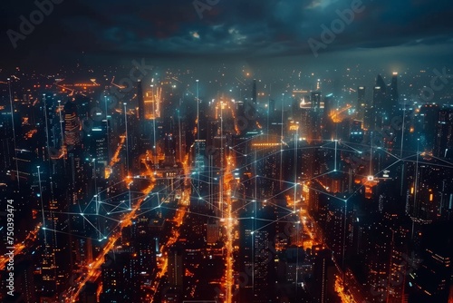 Illuminated smart city with interconnected data links and digital infrastructure, showcasing urban technology at night.