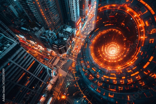 A top-down view of city streets at night featuring circular, glowing light patterns, evoking a sense of high-speed urban life and connectivity.