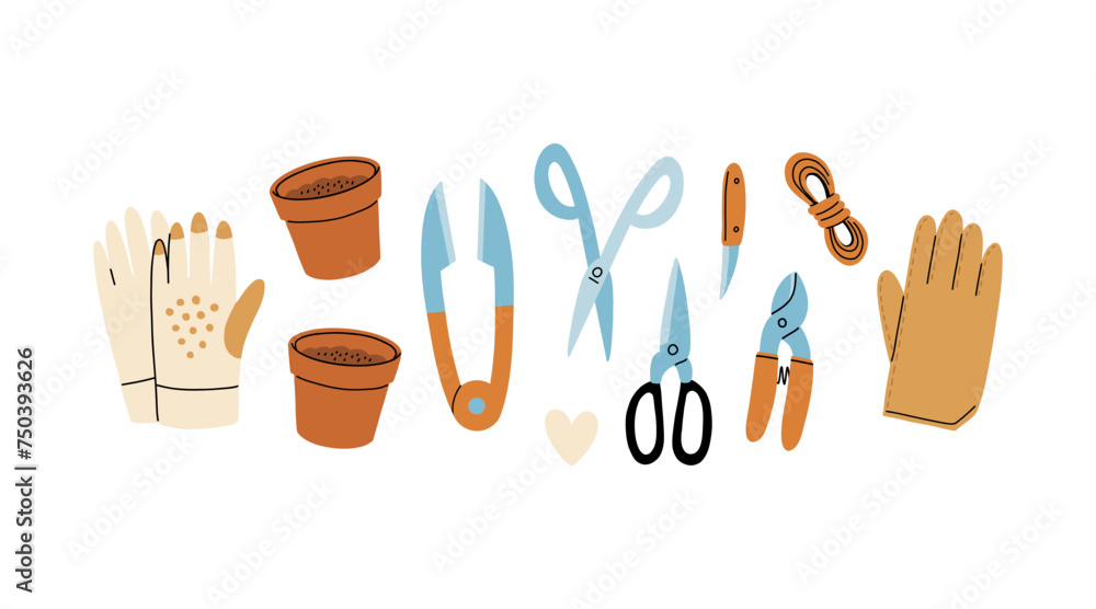 Obraz premium Set of gardening items in hand drawn cartoon style. Various agricultural and garden tools for spring work. Garden gloves, pots, scissors, rope and knife. Vector clip art illustration.