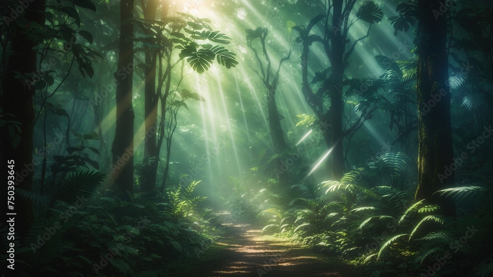 Dark rainforest, sun rays through the trees