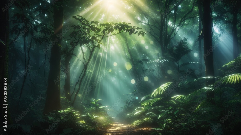 Obraz premium Dark rainforest, sun rays through the trees