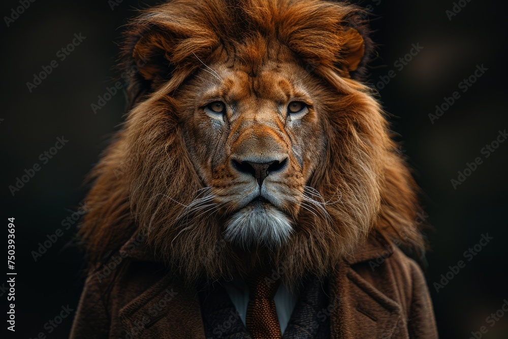 Contemporary art college, man in the form of a lion. Portrait lion 3d in a business suit, on a canvas background, Money dollars on background. Generative AI.
