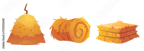 Hay stack and roll for farm design. Cartoon vector illustration set of bale straw pile for fodder and forage, countryside animals care or autumn harvest concept. Yellow agricultural rural haystack.