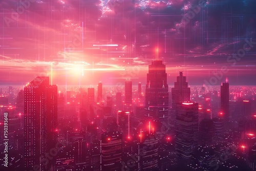 Digital network overlaying an urban skyline during sunset, illustrating the intersection of technology and city life.