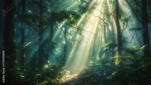 Dark rainforest, sun rays through the trees