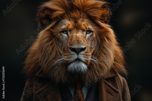 Contemporary art college, man in the form of a lion. Portrait lion 3d in a business suit, on a canvas background, Money dollars on background. Generative AI.