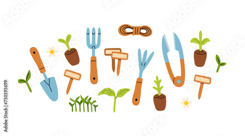 Set of gardening items in hand drawn cartoon style. Various agricultural and garden tools for spring work. Garden equipment, seedlings and flowers, rope and knife. Vector clip art illustration.