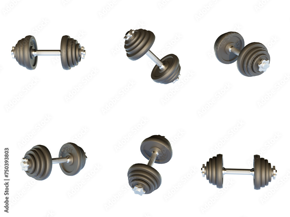 isolated dumbbells render in six different angle, transparet background. isolated dumbbells render in six different angle, transparet background.