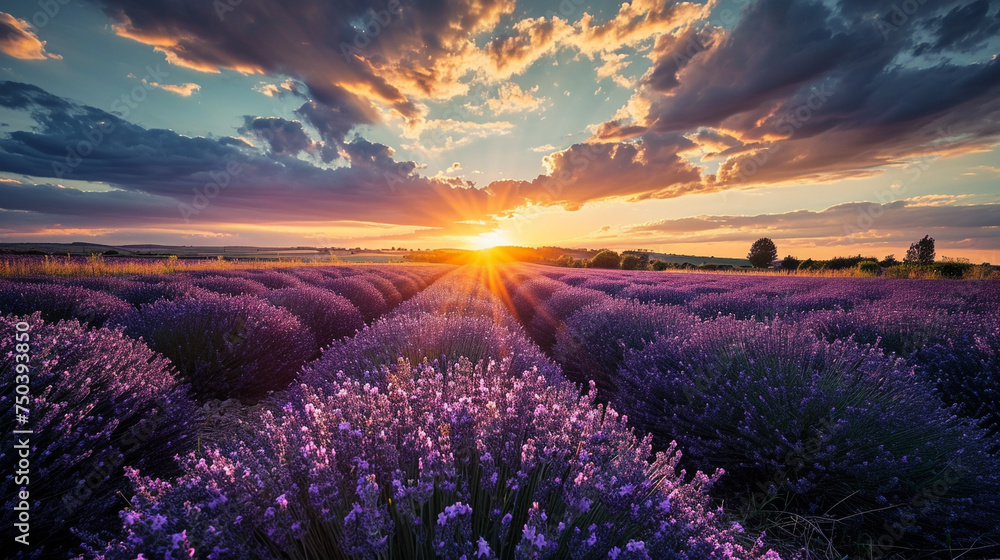 sunset over the purple flower  field