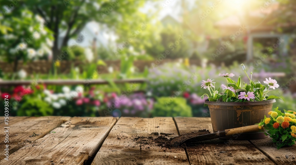 An empty wooden table top and springtime flowers potted and a shovel filled with soil put on a garden table. Space for product display.