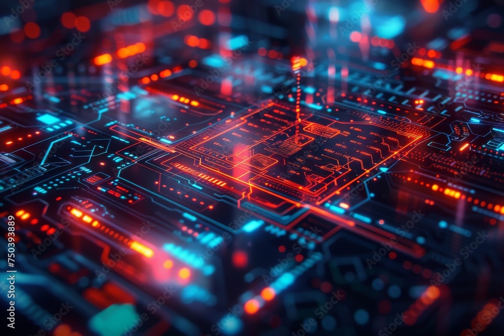 Advanced high-tech circuitry board with neon red and blue light streams representing data transfer and processing. Advanced high-tech circuitry board with neon red and blue light streams representing data transfer and processing.