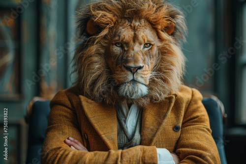 Contemporary art college  man in the form of a lion. Portrait lion 3d in a business suit  on a canvas background  Money dollars on background. Generative AI.