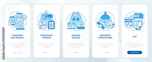 Lithium batteries usability blue onboarding mobile app screen. Walkthrough 5 steps editable graphic instructions with linear concepts. UI, UX, GUI template. Myriad Pro-Bold, Regular fonts used