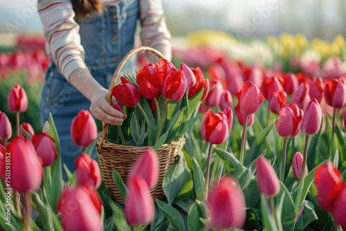A woman gardener picks red tulip flowers in the spring garden and puts the flowers in a basket
