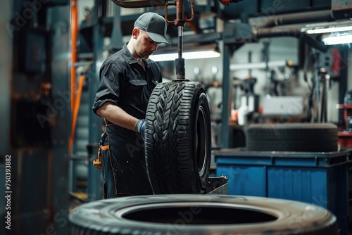 Mechanic inspecting a car tire in a workshop