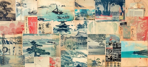 Japanese collage mural. An extensive set of vintage Japanese imagery including landscapes, cultural icons, and traditional artworks, creating a textured tapestry