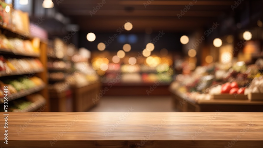 Empty wooden table with beautiful grocery store background