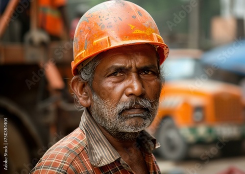 Seasoned Construction Worker Portrait with Weathered Hard Hat
