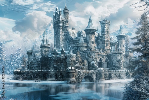Old Castle Winter Landscape, Fantasy Kingdom Snow Landscape, Winter Castle, Copy Space