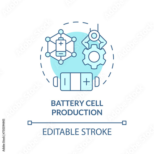 Battery cell production soft blue concept icon. Lithium industry. Portable electronics manufacturing. Round shape line illustration. Abstract idea. Graphic design. Easy to use in brochure, booklet